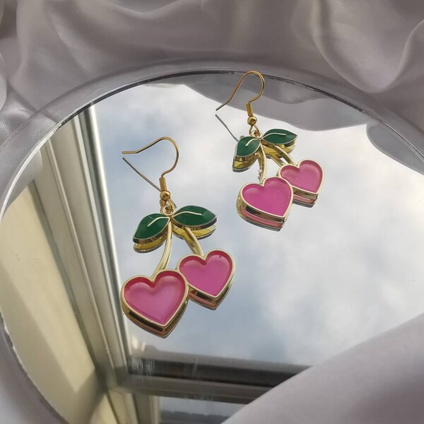 Pink Heart Cherry Earrings | Gold Love Heart Cherry Earrings | Y2K Inspired Valentines day Theme | Large Gold Cherry Jewelry
