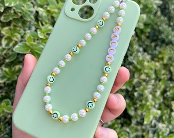 Handmade Personalised Name Phone Charm, Iphone 13 Case Green Smiley Face Wrist Strap, Handmade Personalised Keyring Keychain Gift