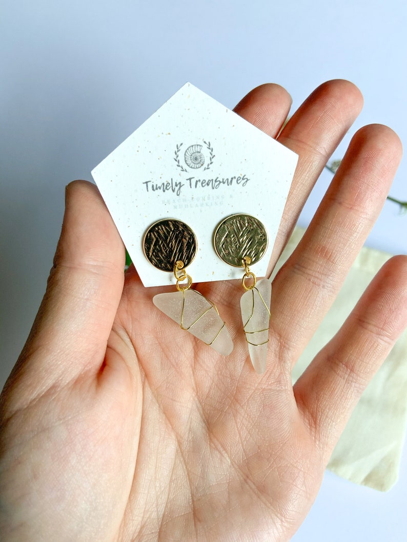 Handmade Gold Earrings Handmade Jewellery SOUTH QUEENSFERRY White Seaglass Drop Stud Earrings Bespoke Scottish Seaglass