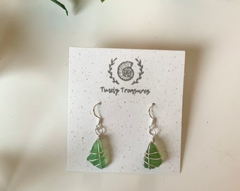 Green Seaglass Drop Earrings, Sterling Silver