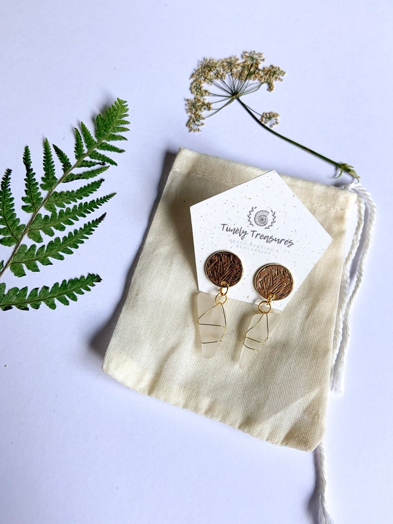 Handmade Gold Earrings Handmade Jewellery SOUTH QUEENSFERRY White Seaglass Drop Stud Earrings Bespoke Scottish Seaglass