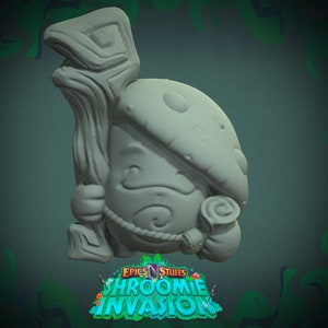 May include: A white 3D printed figurine of a mushroom character holding a stick. The character has a round body, a mushroom cap, and a rope around its waist. The figurine is part of the "Shroomie Invasion" game.