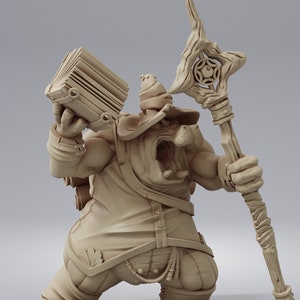 May include: A brown, furry, anthropomorphic creature wearing a hat and holding a staff and a book. The creature has a large mouth and appears to be shouting.