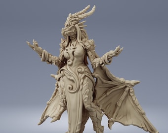 May include: A beige figurine of a female dragon with wings outstretched. The dragon has a human-like body with scales and a dragon head with horns. The figurine is posed with its arms raised and its wings spread wide.