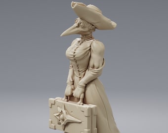 May include: A beige figurine of a woman wearing a long dress, a hat, and a plague doctor mask. She is holding a small, rectangular box with a star design.