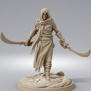May include: A miniature figurine of a hooded figure holding two scimitars, standing on a circular base with a textured surface.