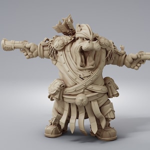 May include: A detailed figurine of a cartoonish, anthropomorphic bulldog wearing a feathered hat and holding two pistols. The bulldog is wearing a military-style uniform with a belt and straps. The figurine is made of a light brown material and is posed in a dynamic, action-ready stance.