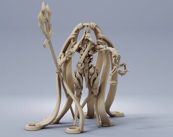 May include: A detailed, beige, 3D printed figurine of a humanoid figure with an animal head, holding a staff and wearing flowing robes. The figure is standing on a base with multiple circular supports.