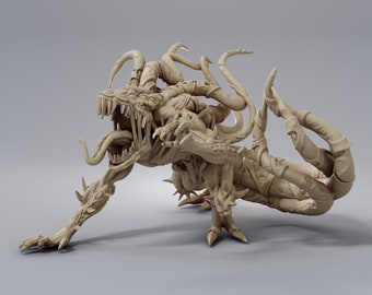 May include: A detailed, beige, 3D printed miniature of a monstrous creature with multiple tentacles and a gaping maw. The creature has a spiky, segmented body and a long, forked tongue.