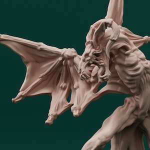 May include: A detailed sculpture of a monstrous creature with wings, a skeletal frame, and a grotesque face. The sculpture is made of a light brown material and is posed in a dynamic, aggressive stance.