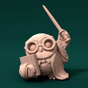 May include: A light brown owl figurine wearing glasses and a robe, holding a book and a wand. The owl has a mischievous expression on its face.