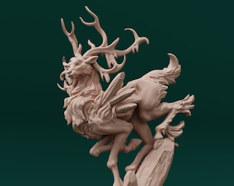 May include: A detailed sculpture of a deer-like creature with large antlers and a feathered body. The creature is standing on a rocky base and has a fierce expression on its face.