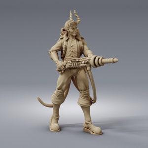 May include: A brown, detailed miniature figurine of a person with horns, wearing a backpack and holding a drill-like weapon.