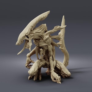 May include: A beige-colored sculpture of a creature in a crouching position. The creature has a large, elongated head with a detailed, textured surface and sharp teeth. It has multiple limbs and a tail-like appendage.