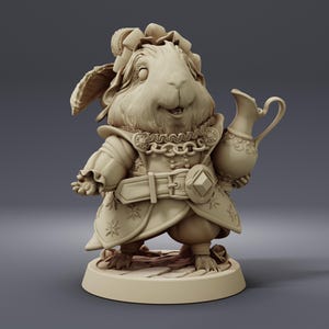 May include: A beige figurine of a rabbit dressed in medieval attire, holding a small pitcher. The rabbit wears a decorative collar, a belt with a diamond-shaped buckle, and a coat adorned with star-shaped patterns. The figurine stands on a circular base.