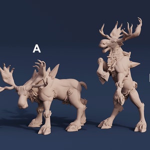 May include: Two detailed, unpainted, beige resin figurines of moose creatures. The moose on the left has a more traditional appearance, while the moose on the right has a more monstrous, humanoid appearance.