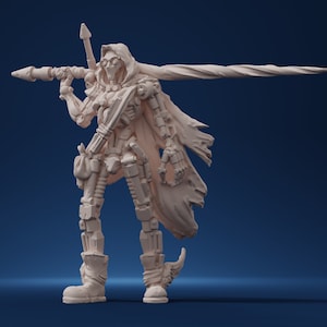 May include: A detailed, 3D printed figurine of a futuristic warrior with a long, pointed weapon. The figure is wearing a hooded cloak and has a mechanical body with visible gears and wires.