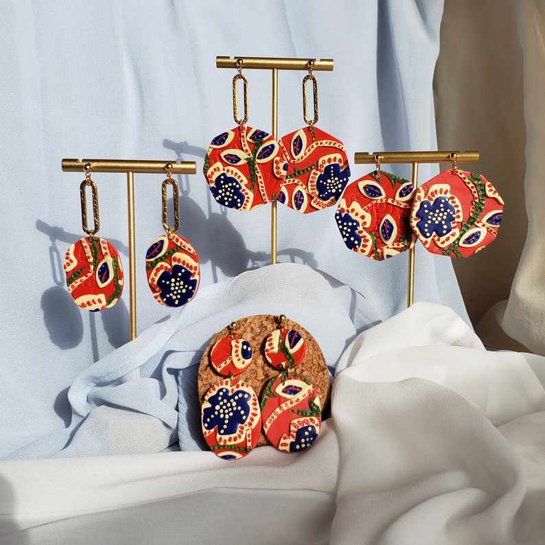 Batik Earrings Hypoallergenic Handmade Polymer Clay Earrings Spring Statement Earring Stainless Steel