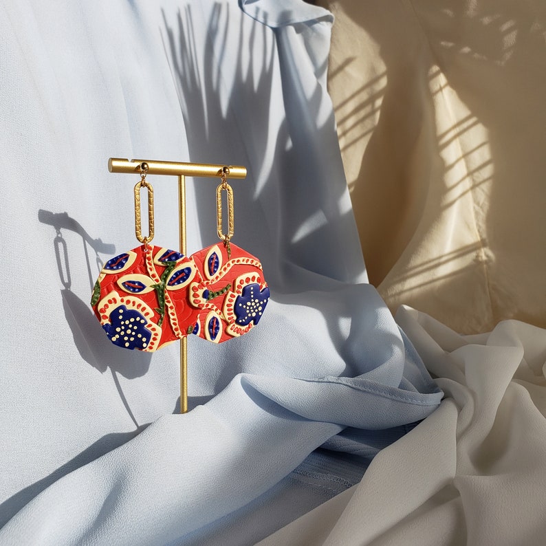Batik Earrings Hypoallergenic Handmade Polymer Clay Earrings Spring Statement Earring Stainless Steel