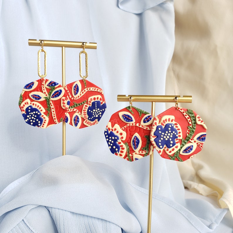 Batik Earrings Hypoallergenic Handmade Polymer Clay Earrings Spring Statement Earring Stainless Steel