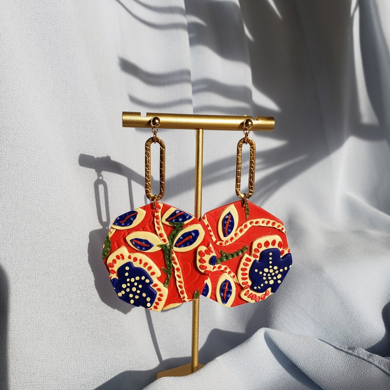 Batik Earrings Hypoallergenic Handmade Polymer Clay Earrings Spring Statement Earring Stainless Steel