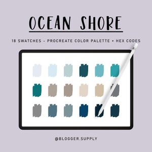 OCEAN SHORE PROCREATE Color Palette  + Hex Color Codes - Blue, Gray, Tan for iPad - Digital Illustration Swatches