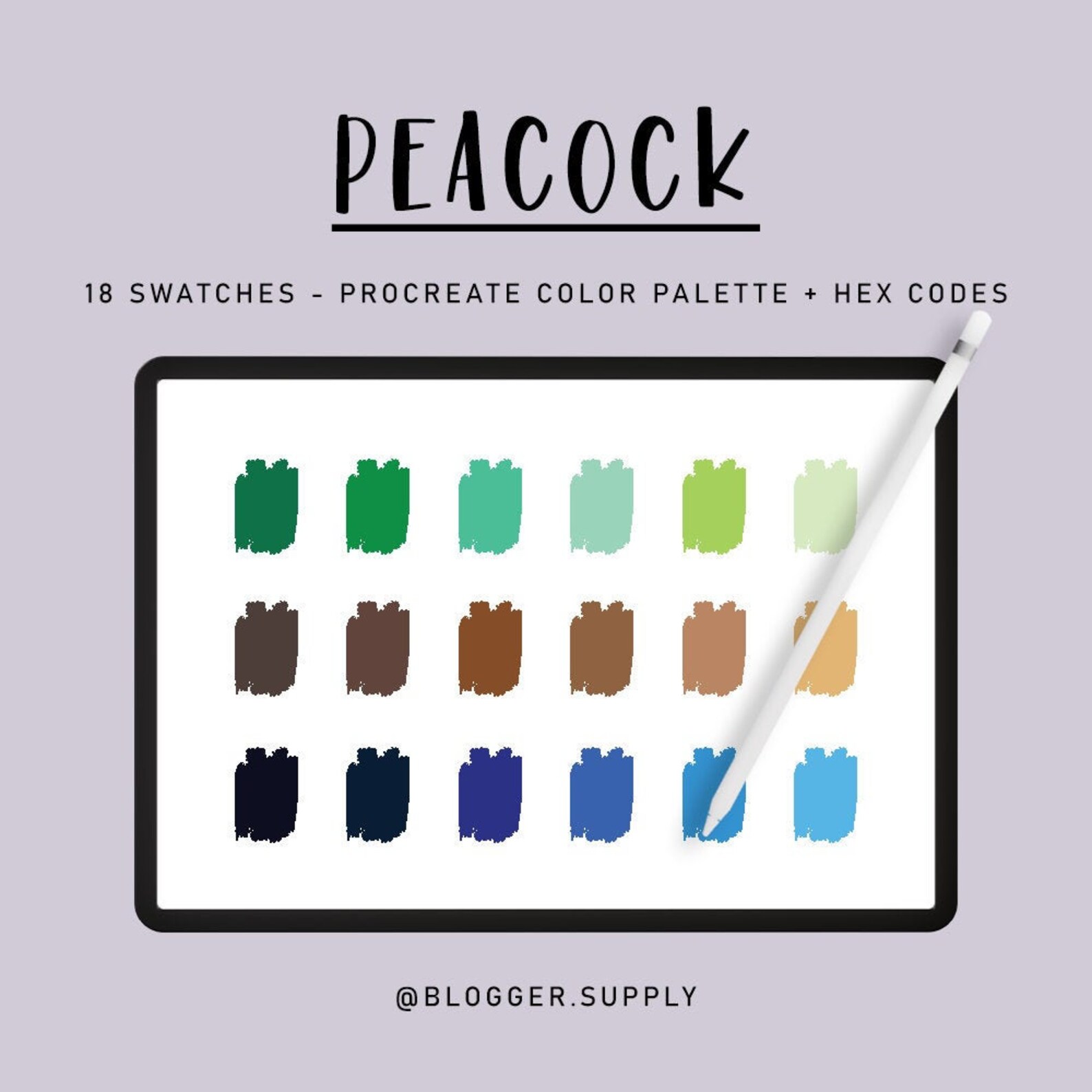PEACOCK PROCREATE Color Palette Hex Color Codes Green, Brown, Blue for