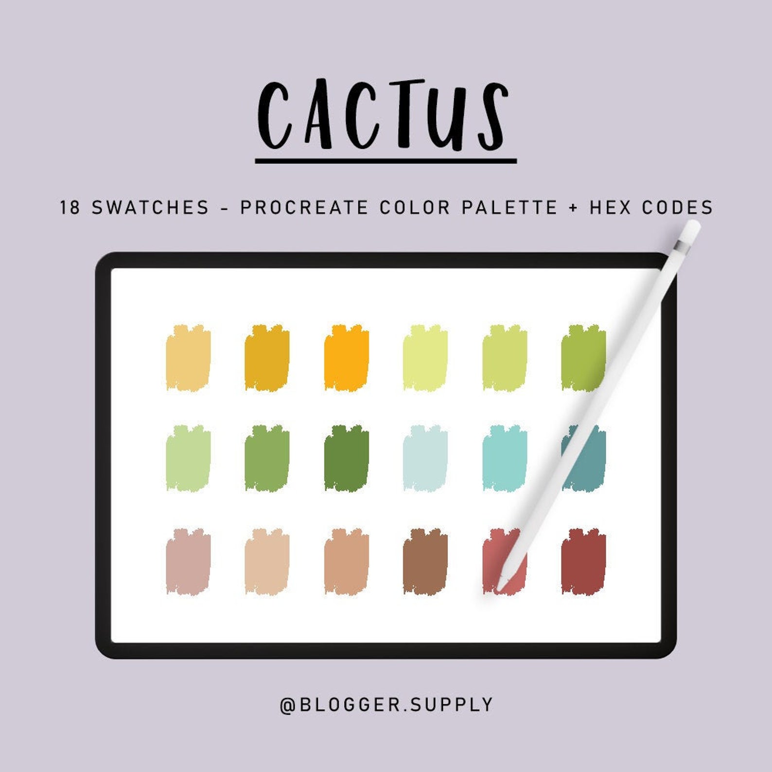 CACTUS PROCREATE Color Palette + Hex Color Codes - Orange, Green, Blue, Mauve for iPad - Digital ...