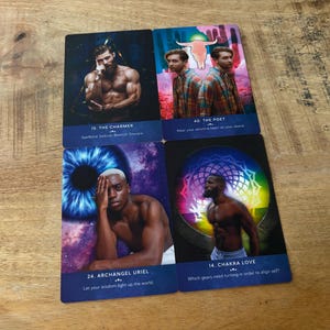 May include: Four tarot cards with colorful backgrounds and images of people. The cards are titled "The Charmer", "The Poet", "Archangel Uriel", and "Chakra Love".