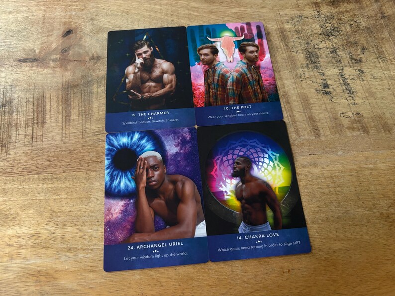 May include: Four tarot cards with colorful backgrounds and images of people. The cards are titled "The Charmer", "The Poet", "Archangel Uriel", and "Chakra Love".