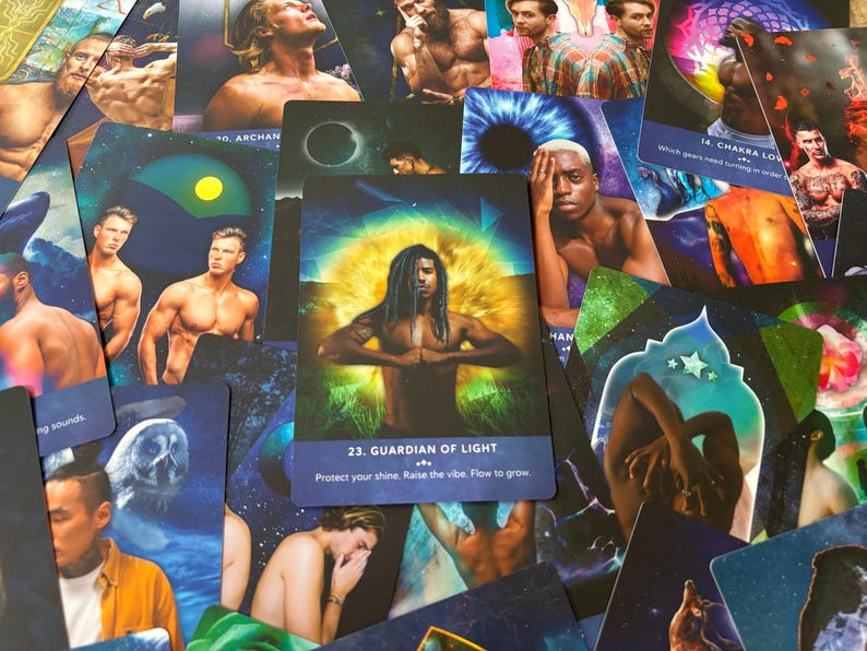 May include: A tarot card with a blue background and a yellow sun. The card is titled "23. Guardian of Light" and has the text "Protect your shine. Raise the vibe. Flow to grow."