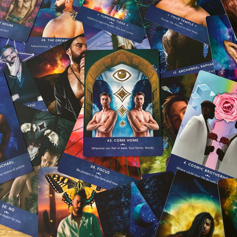 May include: A set of colorful oracle cards with various images and text. The cards feature themes of spirituality, self-discovery, and personal growth. Some of the cards include text such as "Turning Tides", "Your Temple", "Archangel Raphael", "Come Home", "Focus", and "Cosmic Brotherhood".