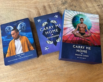 May include: A blue and white oracle card deck with a guidebook. The deck is titled "Carry Me Home Oracle Cards" by Levi Smits. The guidebook is titled "Carry Me Home Guidebook".