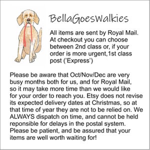 Może przedstawiać: Ilustracja psa z smyczą, z tekstem "BellaGoesWalkies." Tekst zawiera informacje o opcjach wysyłki i możliwych op&oacute;źnieniach.