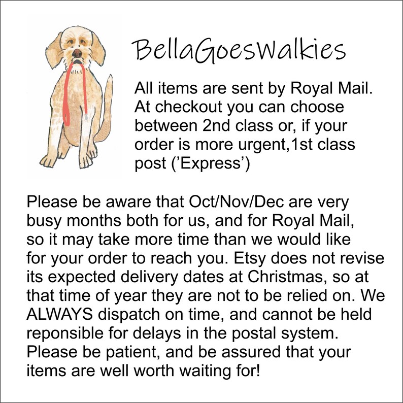 Może przedstawiać: Ilustracja psa z smyczą, z tekstem "BellaGoesWalkies." Tekst zawiera informacje o opcjach wysyłki i możliwych op&oacute;źnieniach.