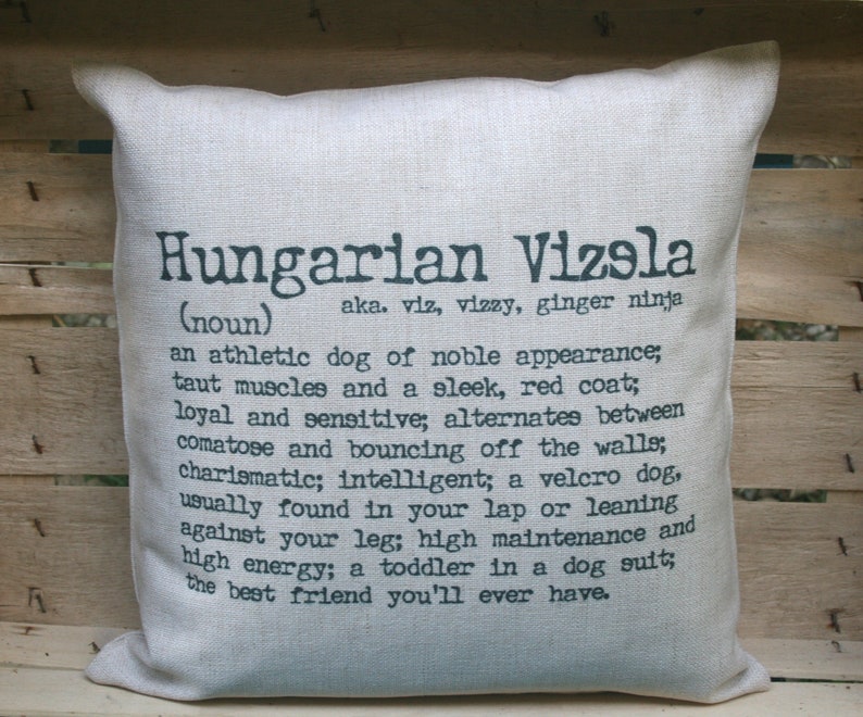 Może przedstawiać: Kwadratowa, kremowa poduszka z napisem "Hungarian Vizsla" w ciemnoszarym kolorze i definicją. Definicja opisuje cechy psa, w tym jego atletyczną budowę i energię.