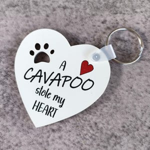 May include: White heart-shaped keyring with a paw print and the text "A Cavapoo stole my HEART" in black. A red heart graphic is also present. The keyring has a silver metal ring attached.