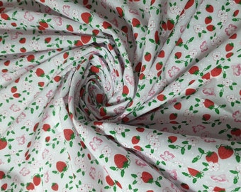 Floral Polycotton White Base Strawberry Print Craft Dress Fabric 44 By Meter