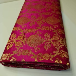 Magenta Peacock Trail Floral Gold Metallic Print Indian Banarasi Brocade Fabric Dress Craft Costume Material 44&quot; By The Meter
