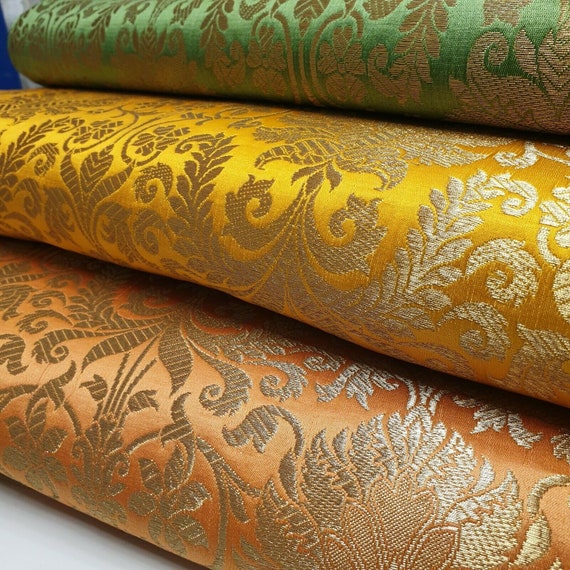 Antique Gold Brocade Floral Jacquard Print Indian Faux Silk Banarasi Fabric 44" Antique Gold Brocade Floral Jacquard Print Indian Faux Silk Banarasi Fabric 44"