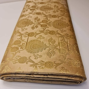 Gold Peacock Trail Floral Gold Metallic Print Indian Banarasi Brocade Fabric Dress Craft Costume Material 44&quot; By The Meter