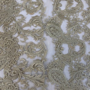 Antique Gold Floral Embroidered Tulle Lace Fabric