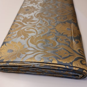 SILVER GREY Luxurious Tulip Floral Gold Metallic Indian Banarasi Brocade Fabric Dress Craft Costume Material 44&quot; By The Meter