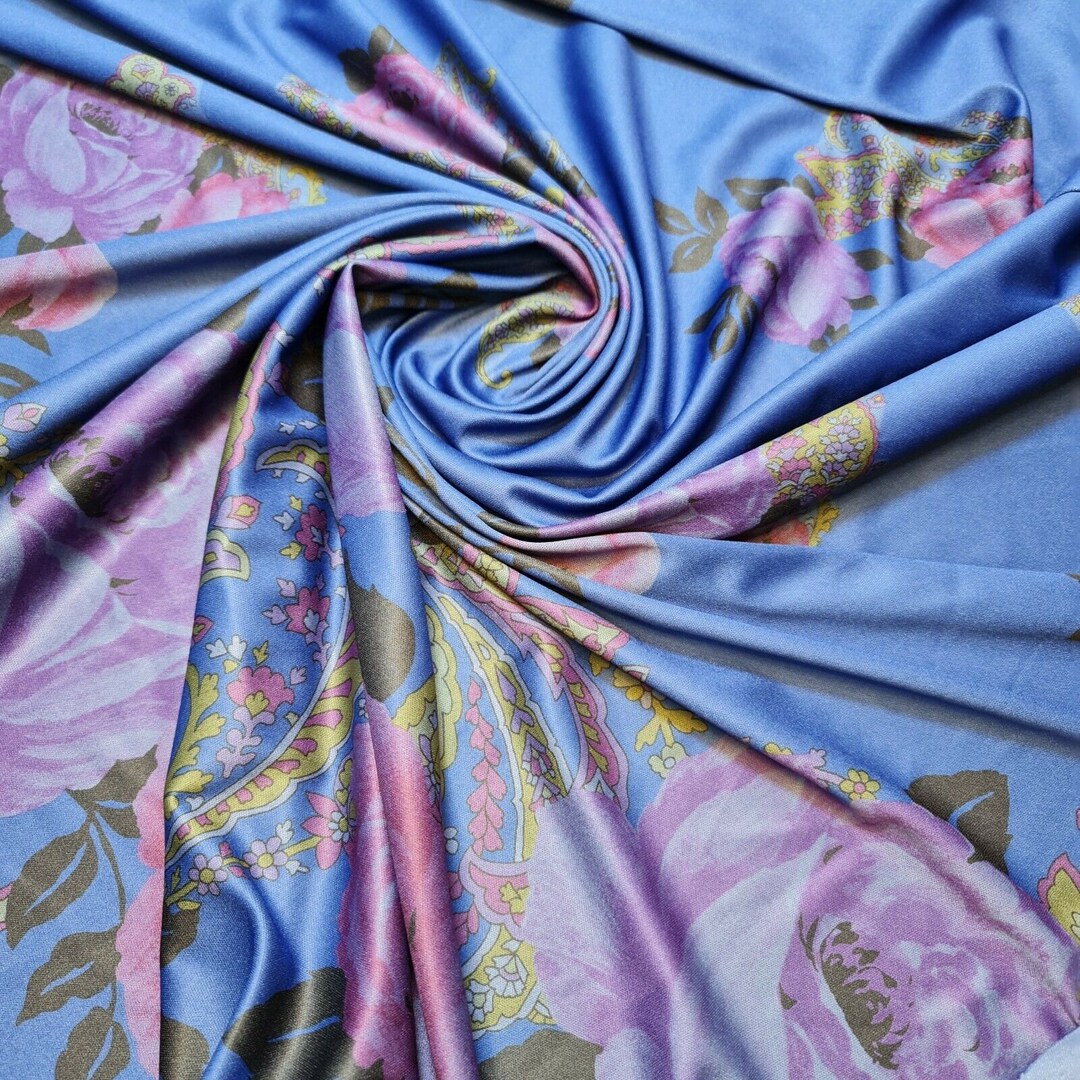 Blue Polyester ITY Jersey Fabric Floral Rose Print Border Sold by the