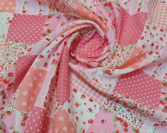 Pink Floral Gingham Spotted Patchwork Printed Poly Cotton Fabric Polycotton Craft 45"