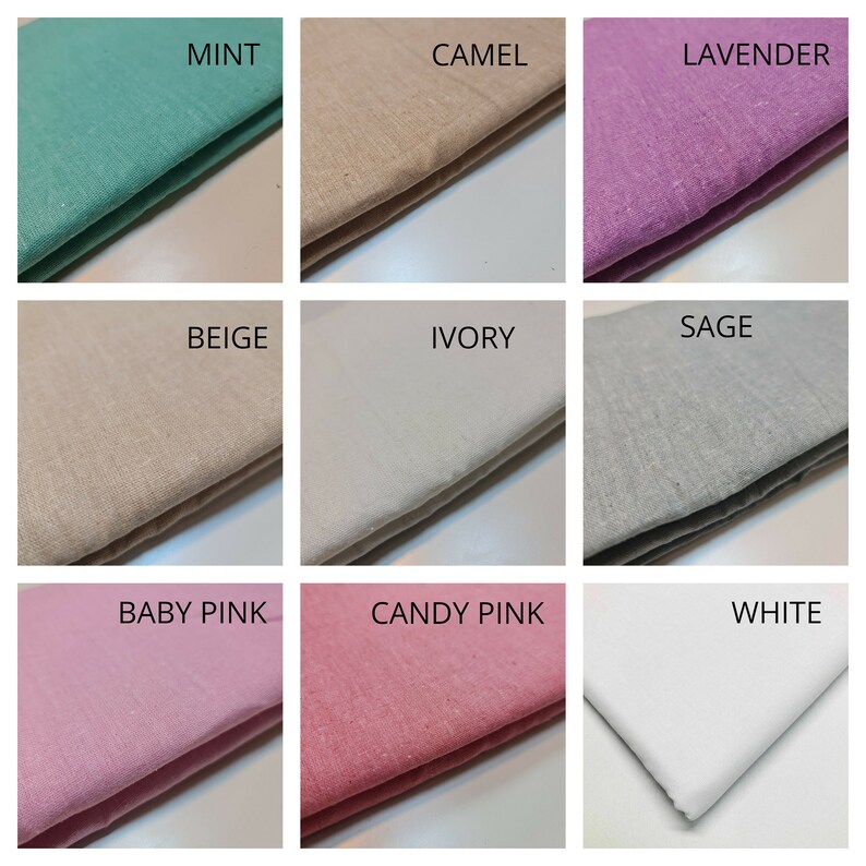 May include: Nine fabric swatches in various colors, including mint, camel, lavender, beige, ivory, sage, baby pink, candy pink, and white. The swatches are folded and arranged in a grid pattern.