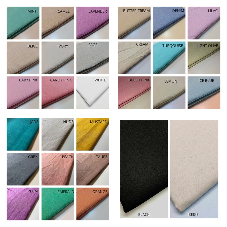 May include: Swatch card of 24 fabric samples in various colors and textures, including mint, camel, lavender, butter cream, denim, lilac, beige, ivory, sage, cream, turquoise, light olive, baby pink, candy pink, white, blush pink, lemon, ice blue, jade, nude, mustard, grey, peach, taupe, plum, emerald, orange, black, and beige.