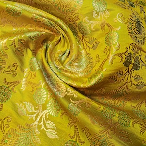 Ornamental Floral Gold Metallic Print Indian Banarasi Brocade Fabric (Lime)