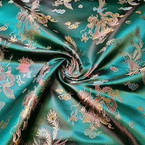 Bottle Green Traditional Chinese Embroidered Brocade Fabric Silky Satin Oriental Dragon Dress Craft Costume Material 36&quot; By Meter