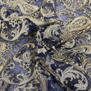 Navy Blue Paisley Metallic Multi Thread Gold Embroidery Net Dressmaking Crafting Fabric 58&quot;